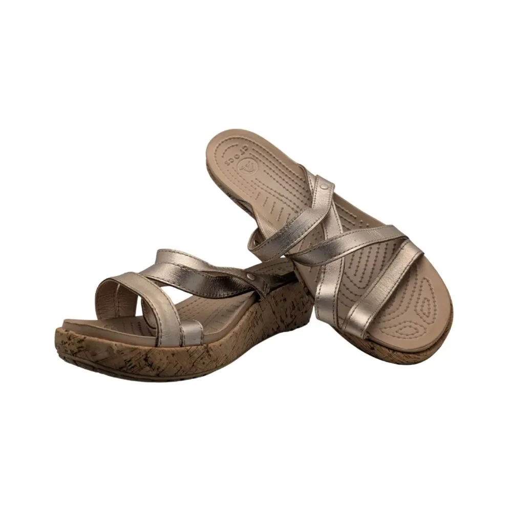Crocs A-Leigh Gold Metallic Cork Wedges Size 10